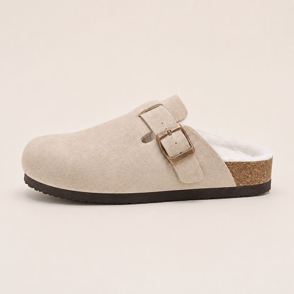Lya Suede Clogs in Cream - side profile