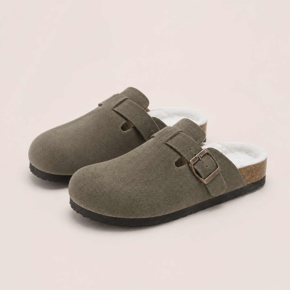 Lya Suede Clogs in Khaki - three-quarter view