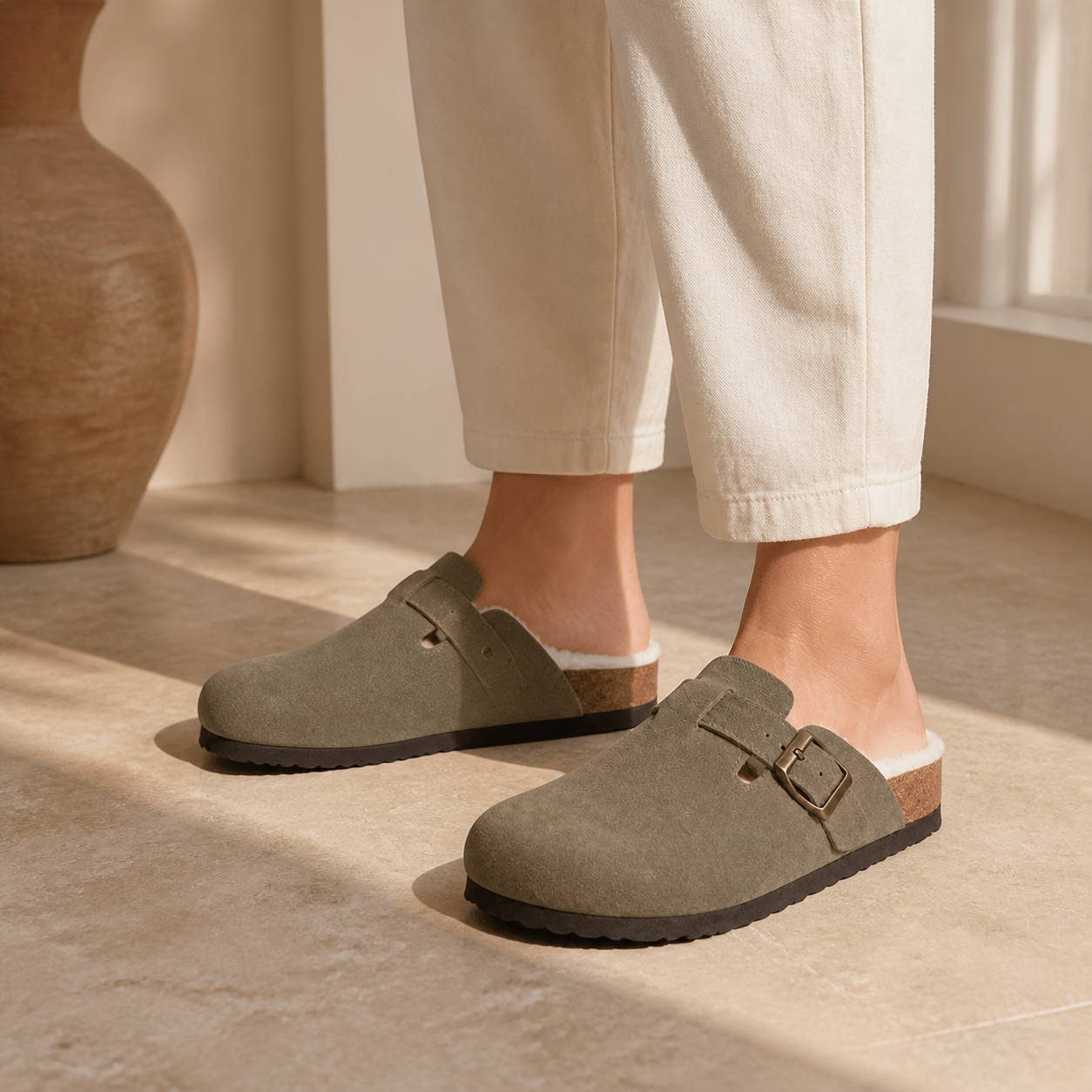 Lya Suede Clogs in Khaki - styled on model