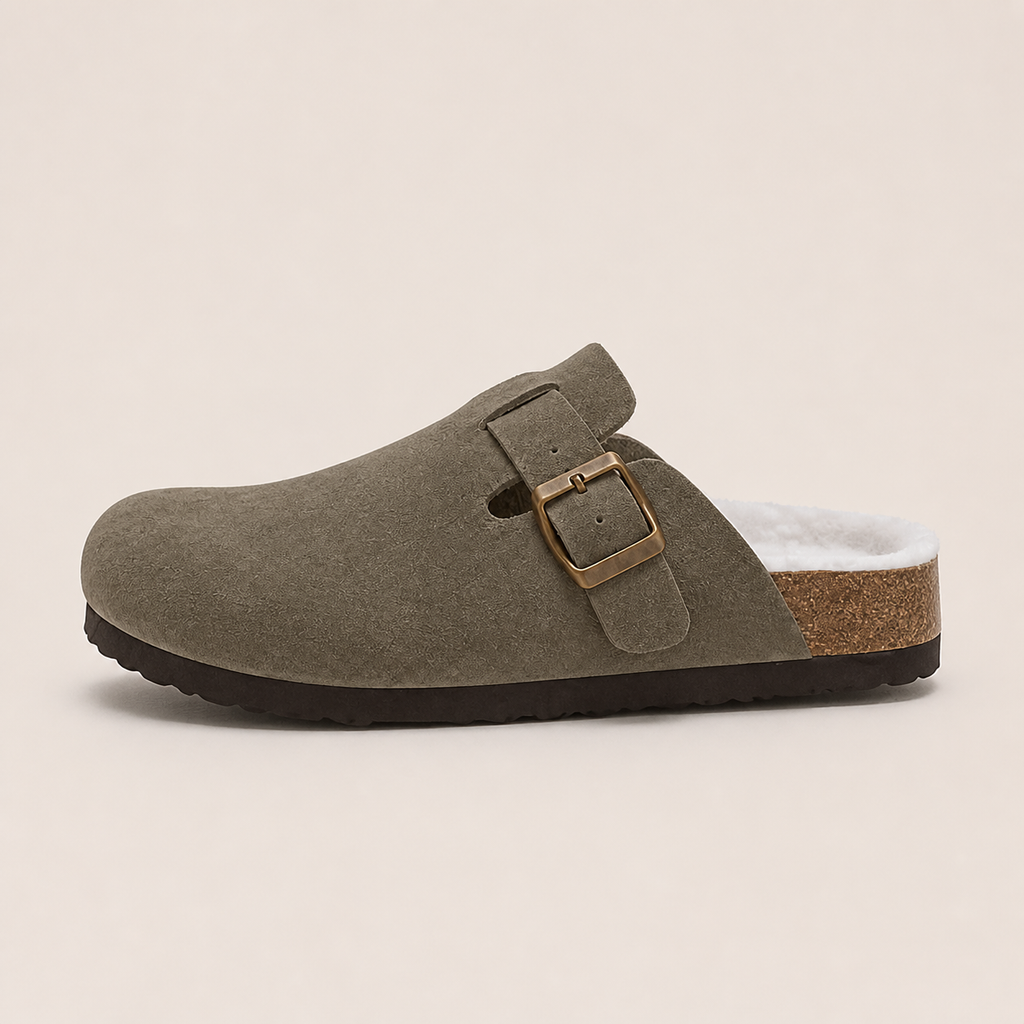 Lya Suede Clogs in Khaki - side profile