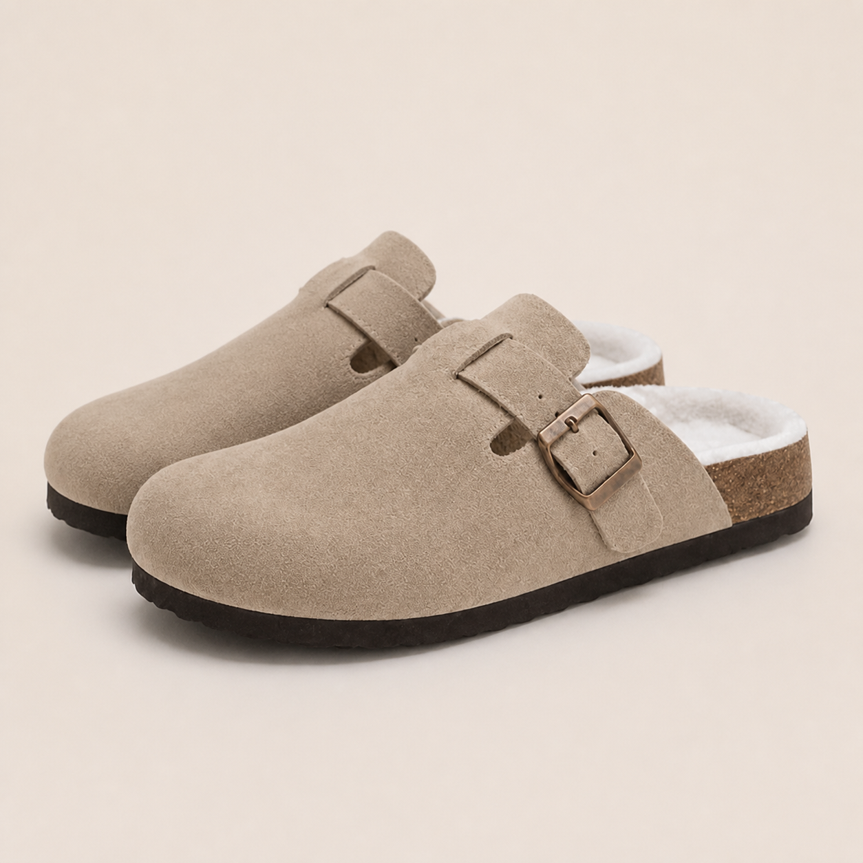 Lya Suede Clogs in Taupe - three-quarter view