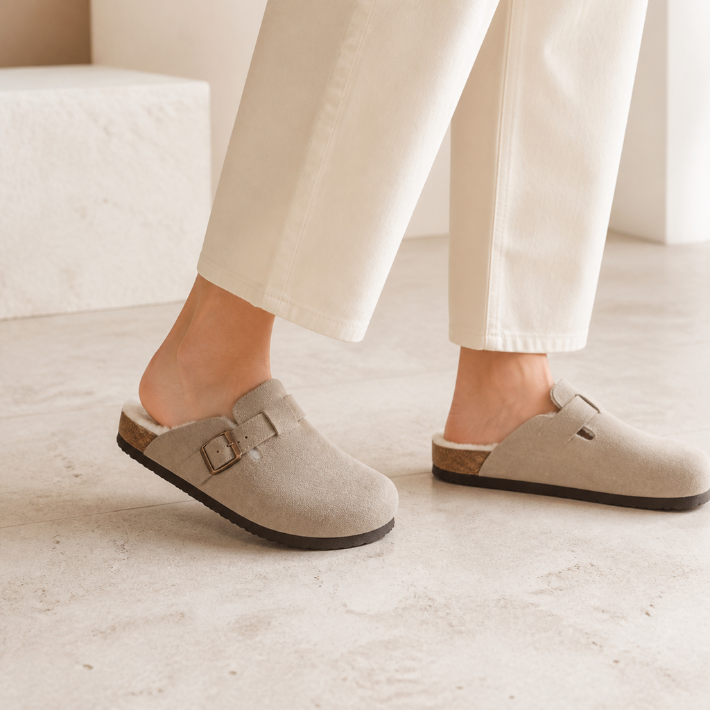 Lya Suede Clogs in Taupe - styled on model