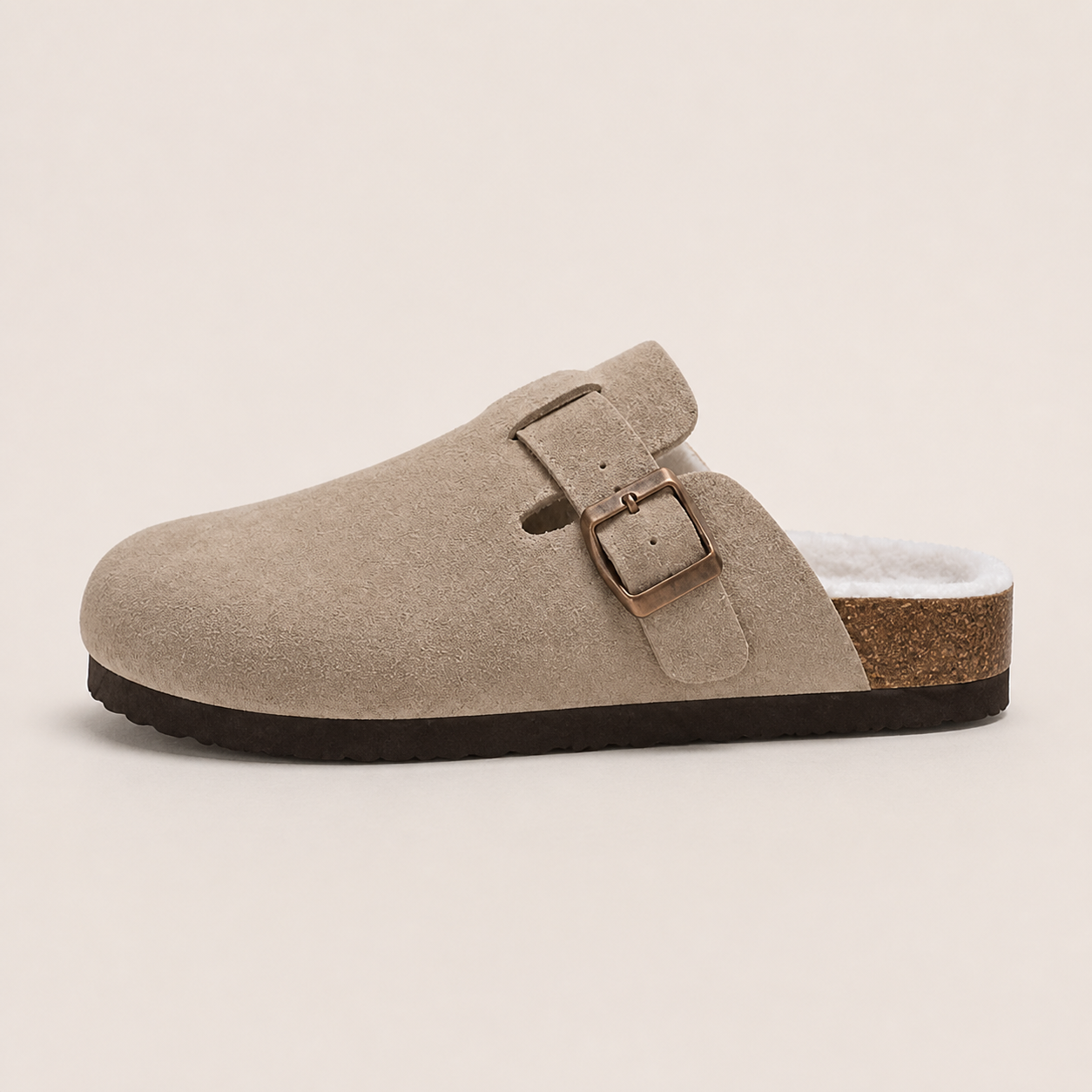 Lya Suede Clogs in Taupe - side profile