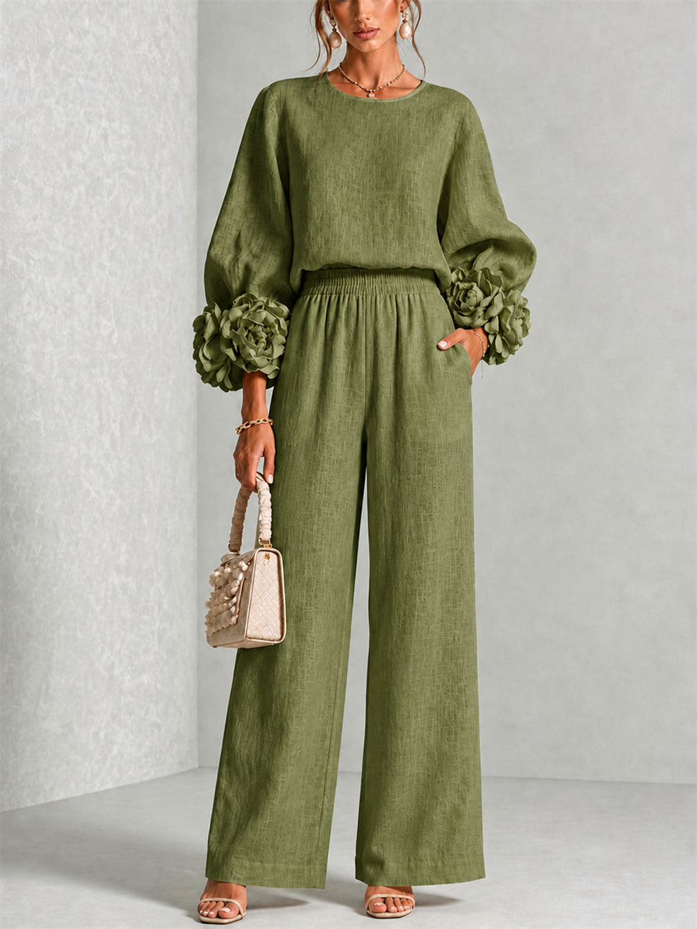 Rosalie Floral Cuff Two-Piece Set in Olive Green, view 1