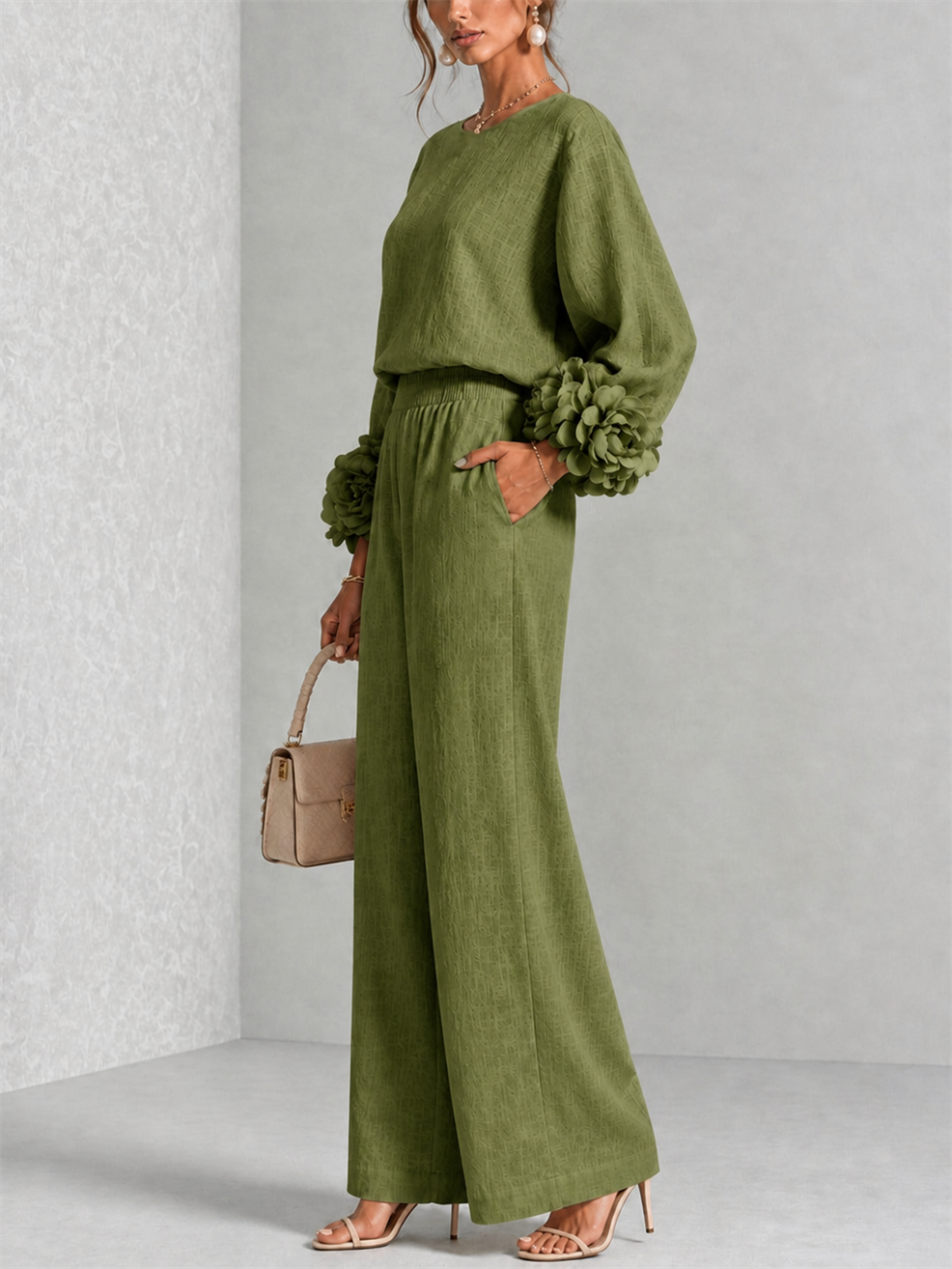 Rosalie Floral Cuff Two-Piece Set in Olive Green, view 3