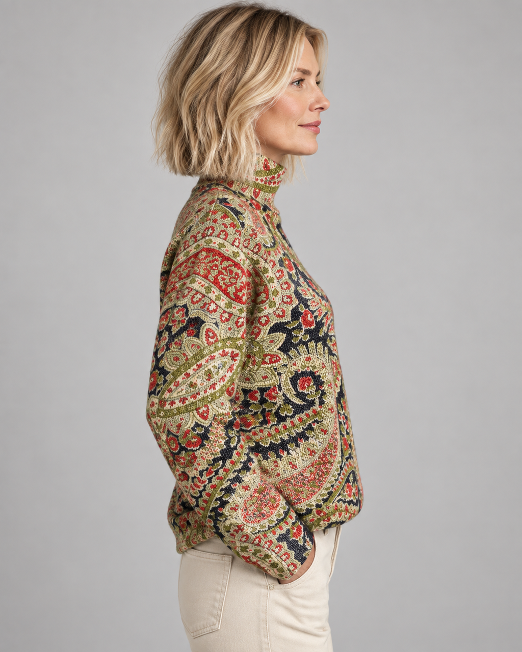 Nicolia™ | Vintage Floral Knit Turtleneck Sweater