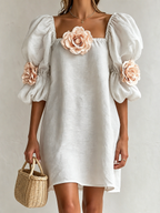 3D Floral Applique Square Neck Puff Sleeve Loose Mini Dress