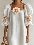 3D Floral Applique Square Neck Puff Sleeve Loose Mini Dress