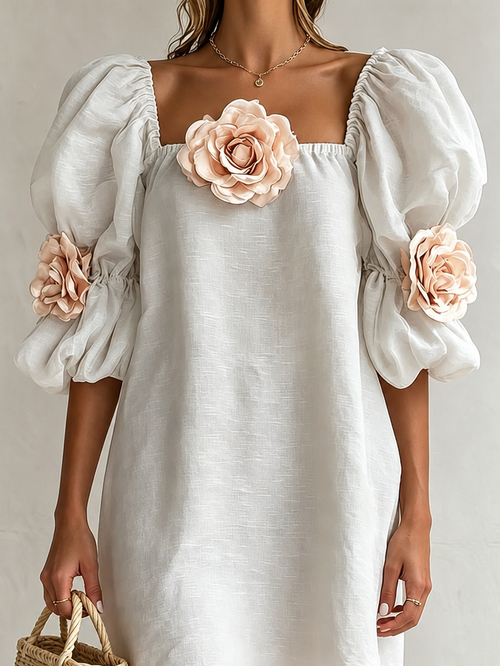 3D Floral Applique Square Neck Puff Sleeve Loose Mini Dress