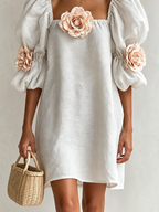 3D Floral Applique Square Neck Puff Sleeve Loose Mini Dress