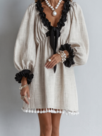 Color-Block Lettuce-Edge Puff Sleeves Tassels Shift Mini Dress