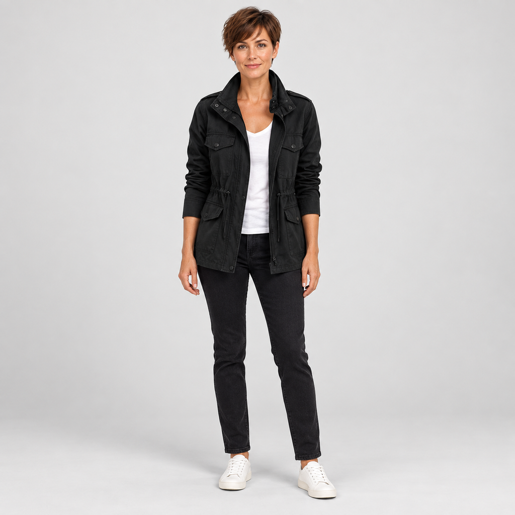 Women's Utility Cargo Jacket with Multi Pocket Drawstring Waist