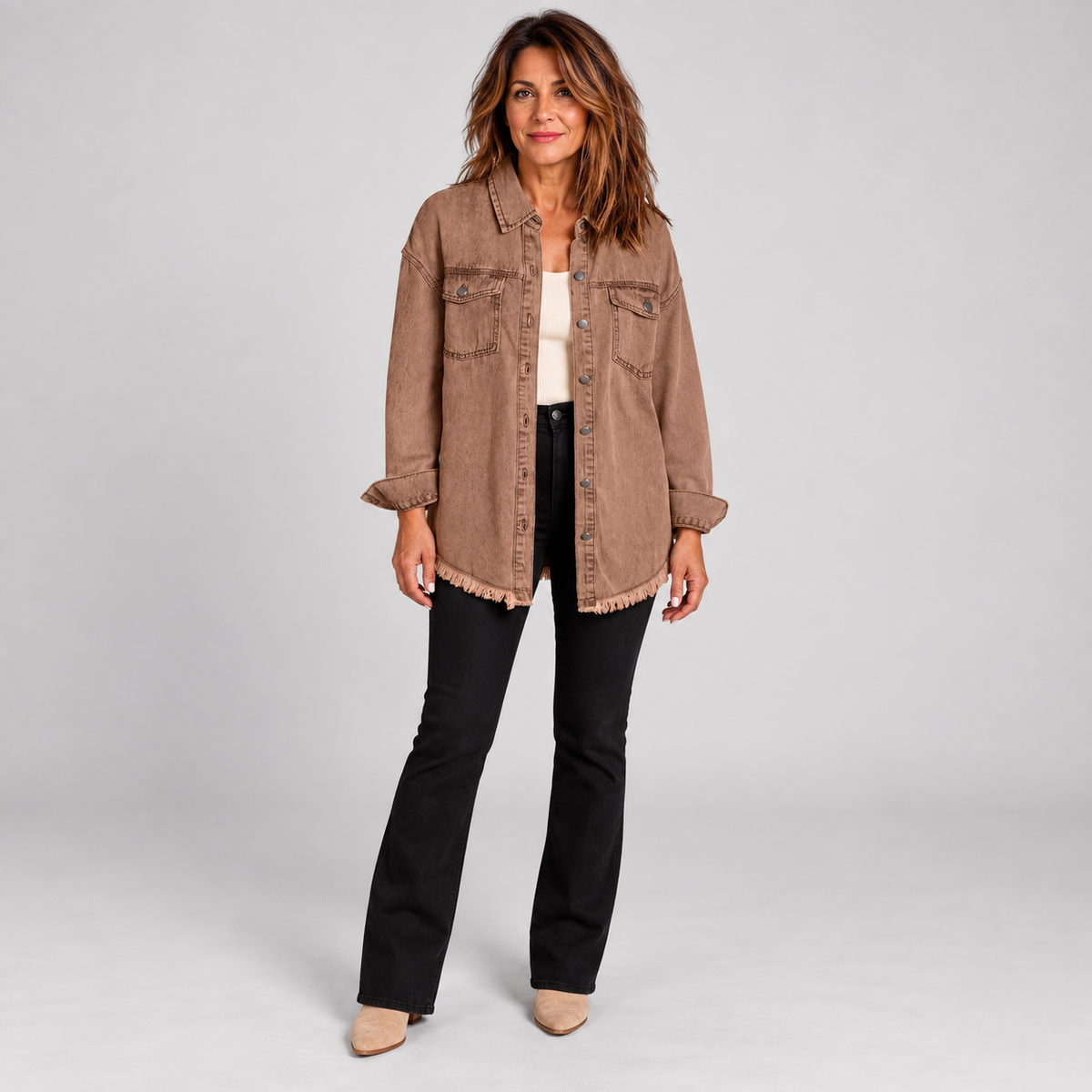 Women's Raw Hem Snap Button Washed Denim Jacket